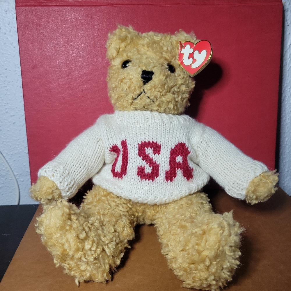 Ty Baby Bear Curly 1992 Wears USA Sweater with Tag Retired 11" Tall